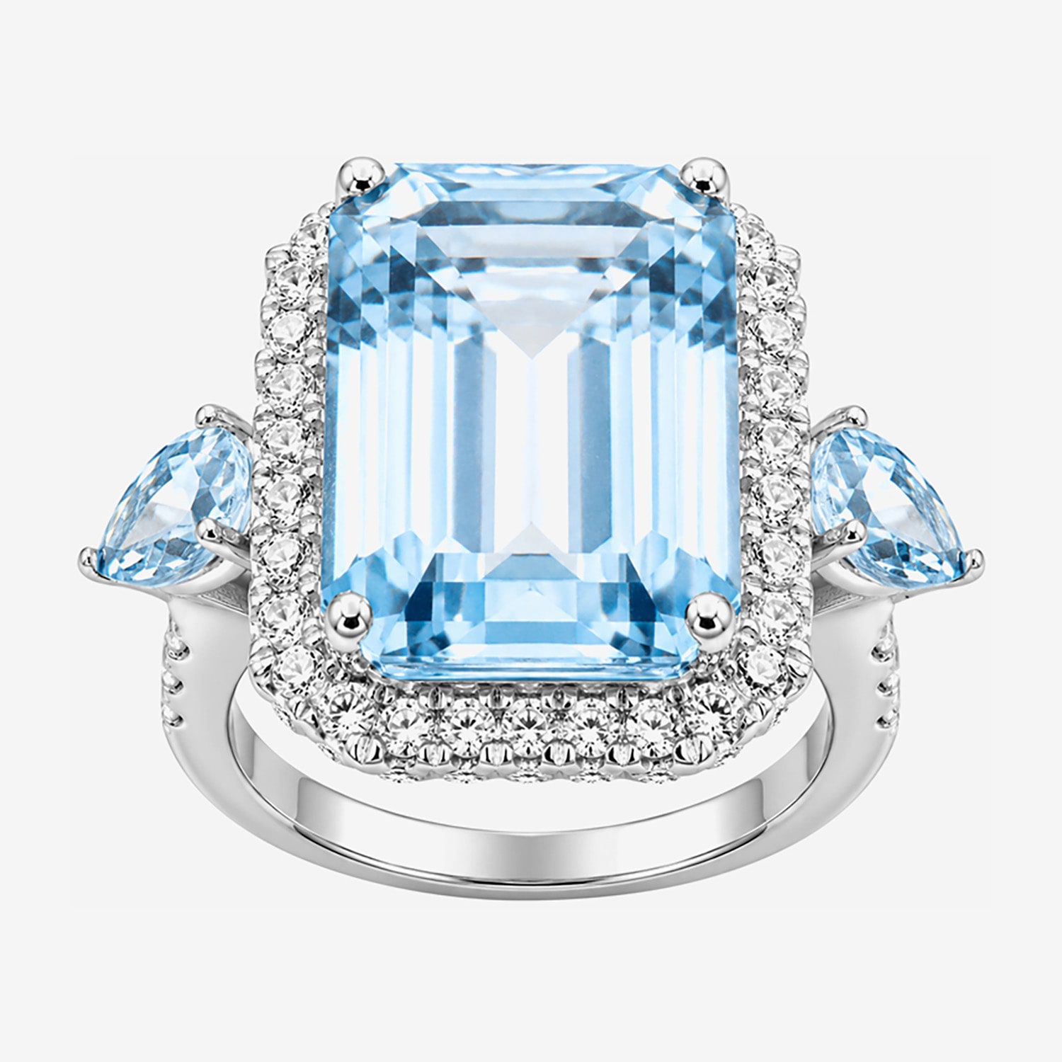 Womens Genuine Blue Topaz Sterling Silver Halo Side Stone Cocktail Ring