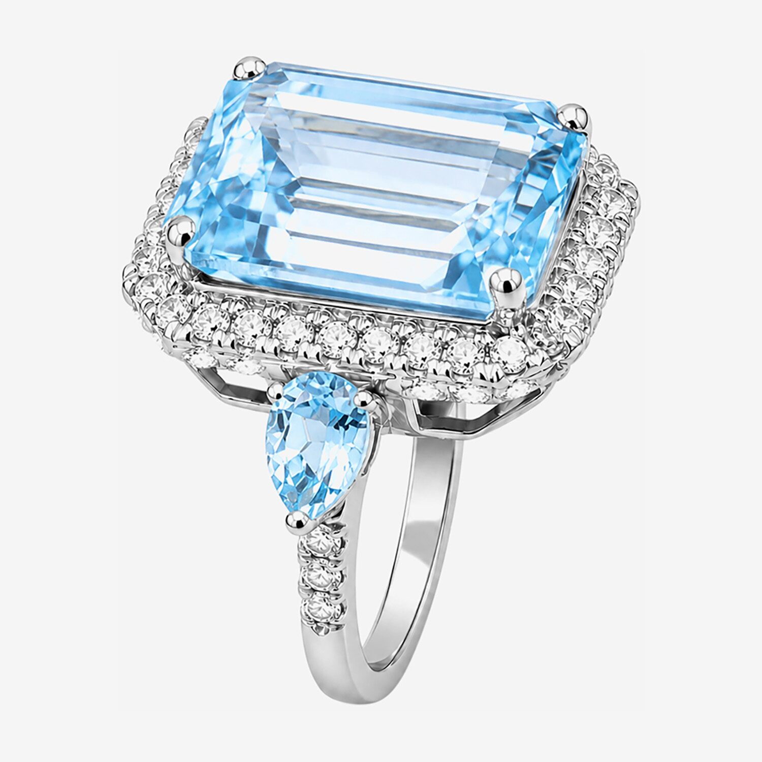Womens Genuine Blue Topaz Sterling Silver Halo Side Stone Cocktail Ring