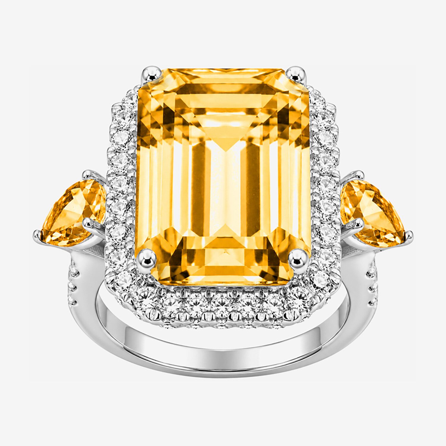 Womens Genuine Yellow Citrine Sterling Silver Halo Side Stone Cocktail Ring