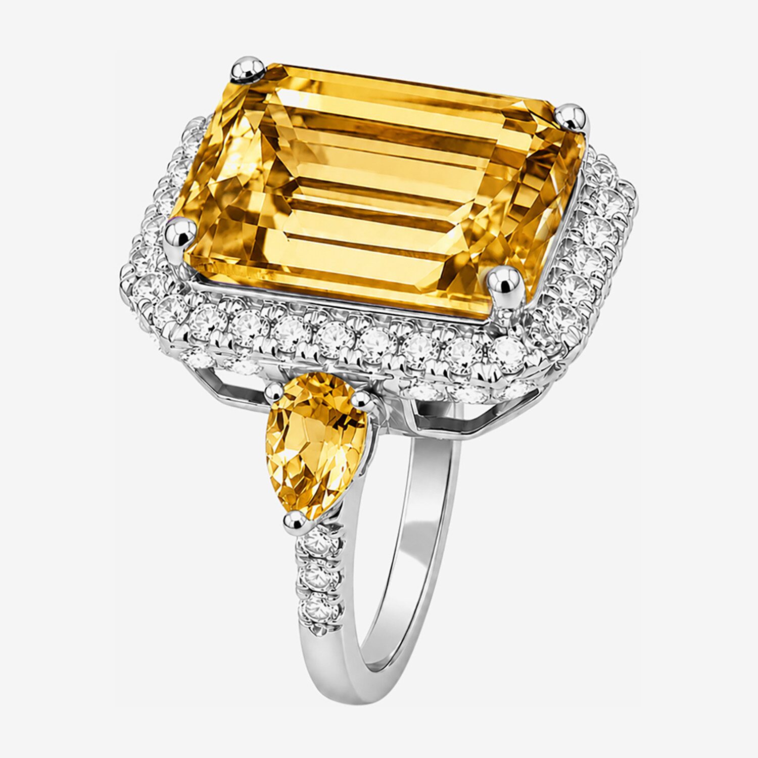 Womens Genuine Yellow Citrine Sterling Silver Halo Side Stone Cocktail Ring