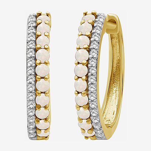 Fine Jewelry (i-j / I2-i3) Womens 1/10 Ct. T.w. Genuine White Opal 10k Gold 15.3mm Round Hypoallergenic Hoop Earr