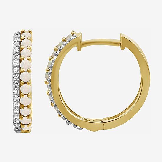 (I-J / I2-I3) Womens 1/10 CT. T.W. Genuine White Opal 10K Gold 15.3mm Round Hypoallergenic Hoop Earrings