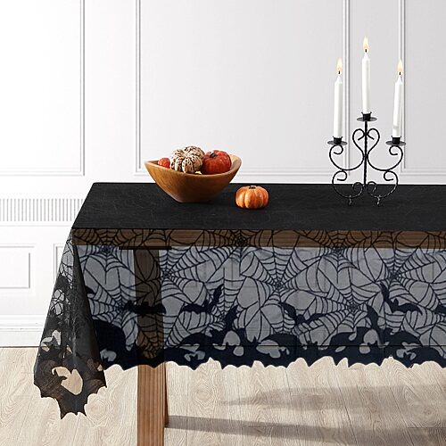 Elrene Home Fashions Bats & Web Lace Tablecloth In Black