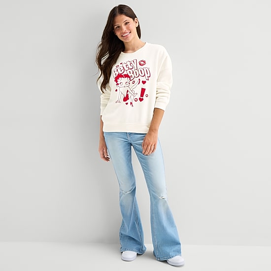 Fleece Womens Juniors Crew Neck Long Sleeve Betty Boop Sweatshirt