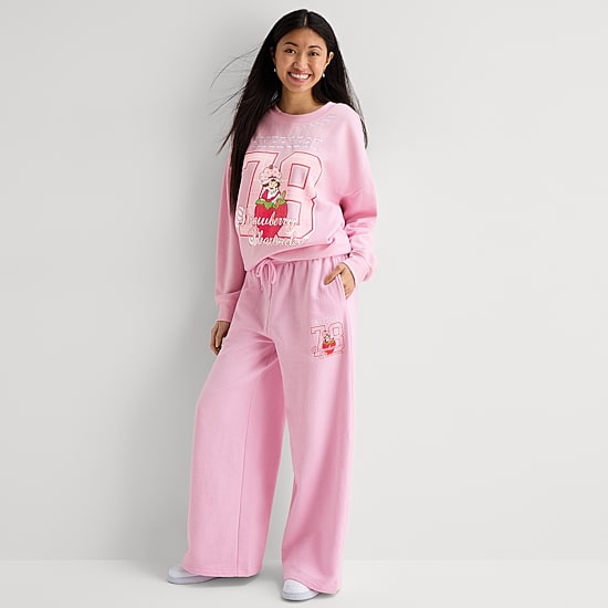 Womens Juniors Wide Leg Mid Rise Strawberry Shortcake Sweatpant