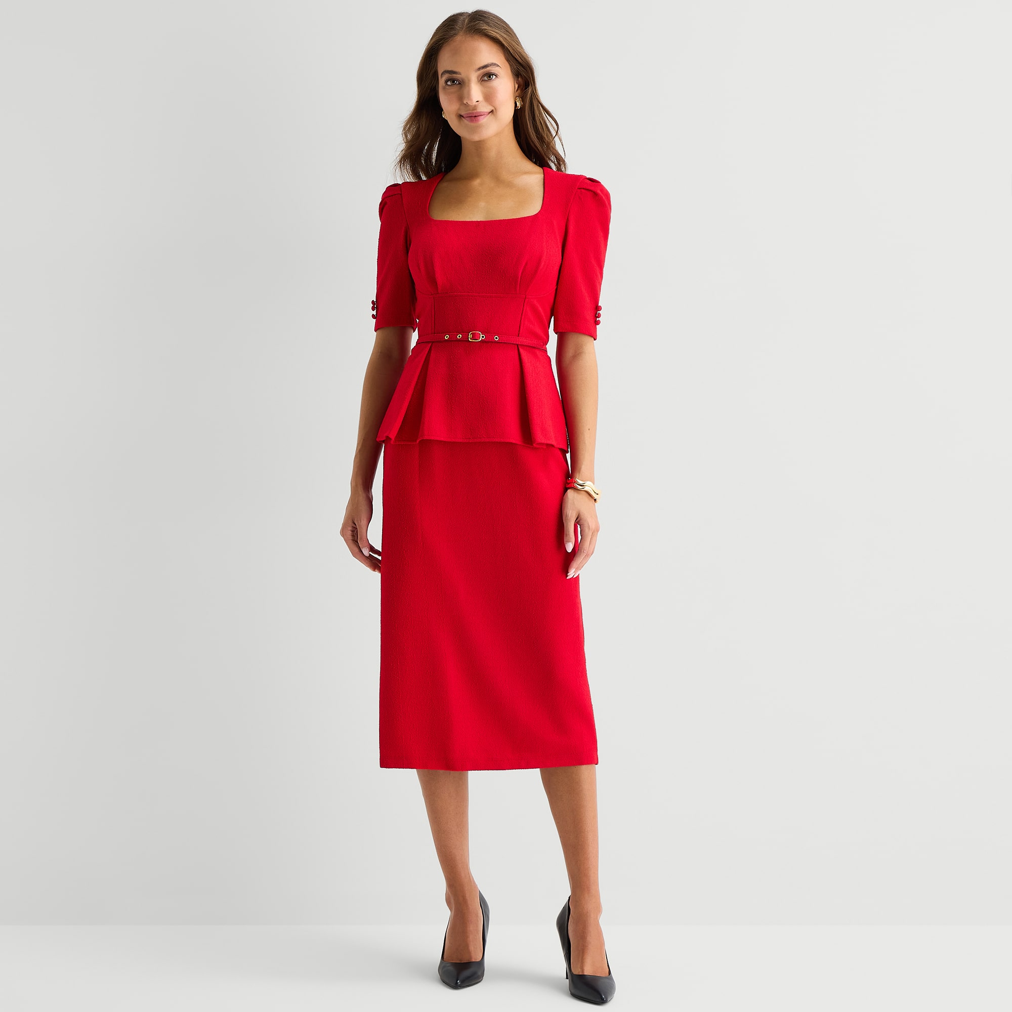 Danny & Nicole Womens Midi Square Neck Short Sleeve Fitted Fit + Flare Dress