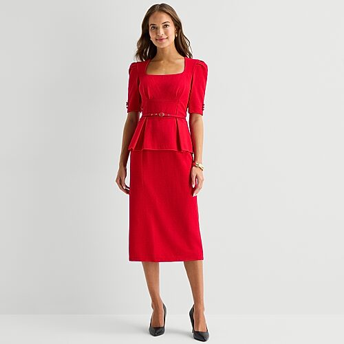 Danny & Nicole Womens Midi Square Neck Short Sleeve Fitted Fit + Flare Dress In Red