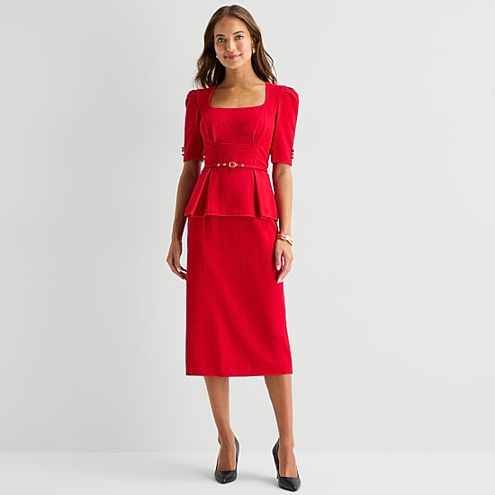 Danny & Nicole Womens Midi Square Neck Short Sleeve Fitted Fit + Flare Dress