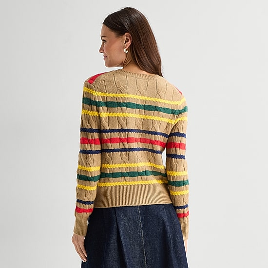 St. John's Bay Womens Crew Neck Long Sleeve Button Striped Cable Knit Cardigan