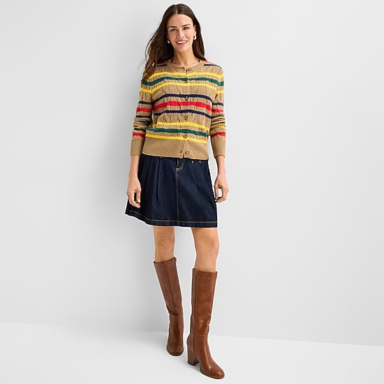 St. John's Bay Womens Crew Neck Long Sleeve Button Striped Cable Knit Cardigan