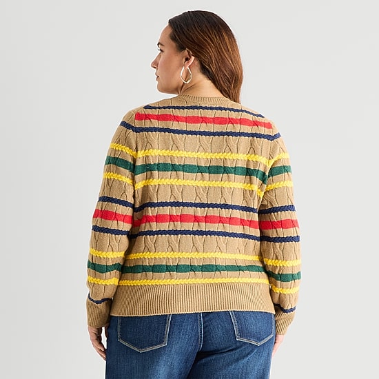 St. John's Bay Womens Long Sleeve Button Plus Striped Cable Knit Cardigan