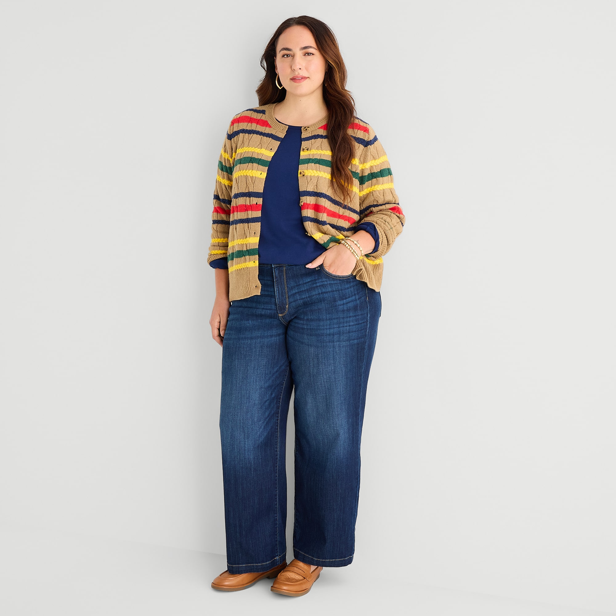 St. John's Bay Womens Long Sleeve Button Plus Striped Cardigan
