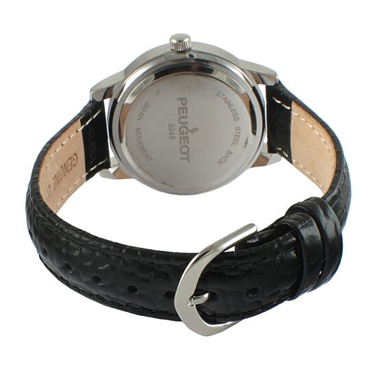 Peugeot® Womens Silver Tone And Black Crystal Bezel Textured Leather Strap Watch 3049SBK