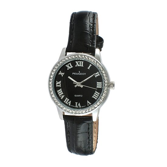 Peugeot® Womens Silver Tone And Black Crystal Bezel Textured Leather Strap Watch 3049SBK