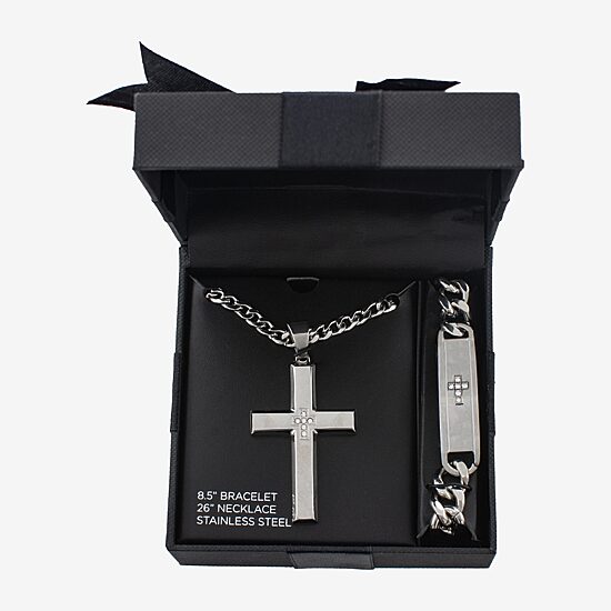 Mens 1/10 CT. T.W. Natural White Diamond Stainless Steel Cross 2-pc. Jewelry Set