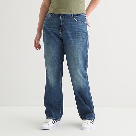 Arizona Womens Juniors Plus High Rise Straight Leg Jean