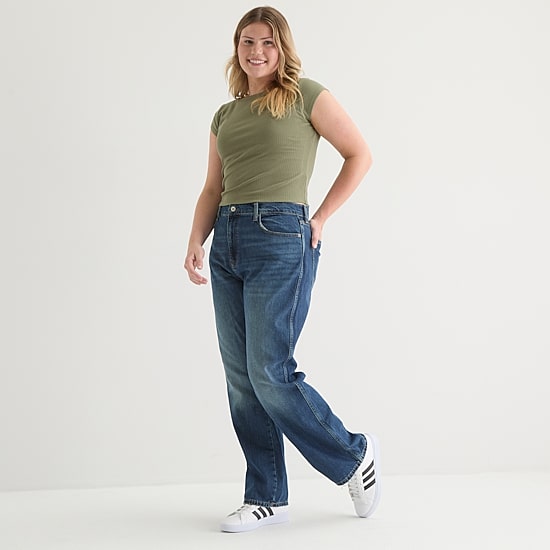Arizona Womens Juniors Plus High Rise Straight Leg Jean