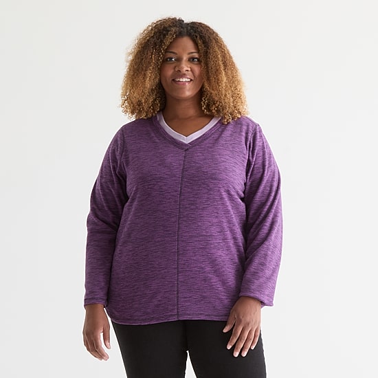 St. John's Bay Womens Polar Fleece V Neck Long Sleeve Plus Sweatshirt