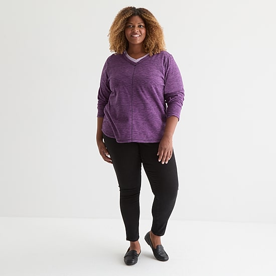 St. John's Bay Womens Polar Fleece V Neck Long Sleeve Plus Sweatshirt
