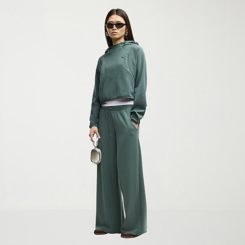 Puma Womens Wide Leg Mid Rise Regular Fit Sweatpant In Green