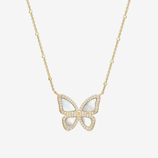 Womens White Mother Of Pearl 18K Gold Over Silver Butterfly 18 Inch Pendant Necklace