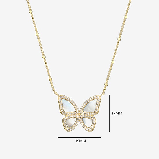 Womens White Mother Of Pearl 18K Gold Over Silver Butterfly 18 Inch Pendant Necklace