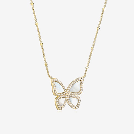 Womens White Mother Of Pearl 18K Gold Over Silver Butterfly 18 Inch Pendant Necklace