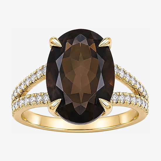 Womens Genuine Brown Quartz 14K Gold Over Silver Oval Side Stone Cocktail Ring