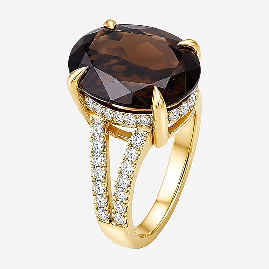 Womens Genuine Brown Quartz 14K Gold Over Silver Oval Side Stone Cocktail Ring