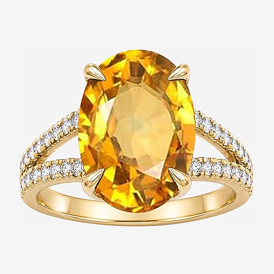 Womens Genuine Yellow Citrine 14K Gold Over Silver Oval Side Stone Cocktail Ring