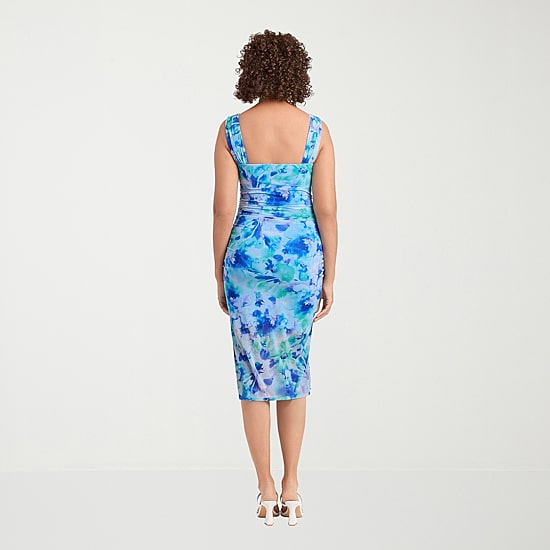 shapewear bodycon dress S3 Apparel Women's Draped Mesh Sculpting Midi Dress with Built-In Shapewear - Blue Riveria Floral