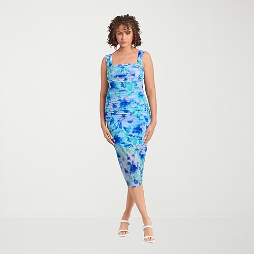 S3 Swim Shapewear Womens Midi Straight Neck Sleeveless Floral Bodycon Dress In Blue