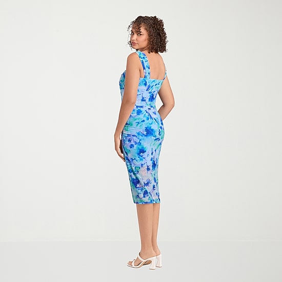 S3 Apparel Shapewear Womens Midi Straight Neck Sleeveless Floral Bodycon Dress