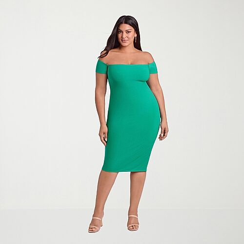 S3 Swim Shapewear Womens Midi Short Sleeve Off The Shoulder Bodycon Dress In Green