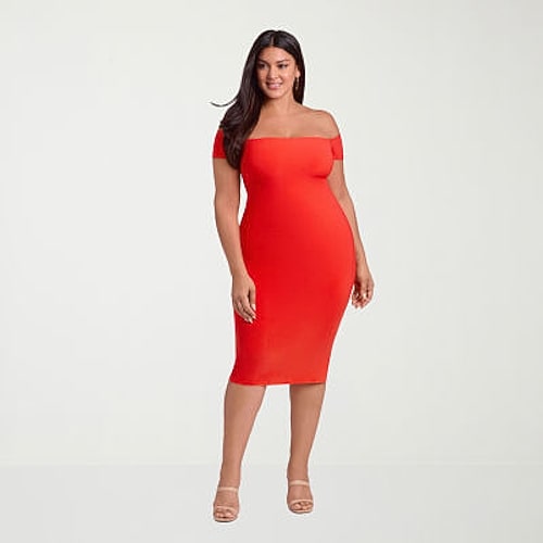 S3 Swim Shapewear Womens Midi Short Sleeve Off The Shoulder Bodycon Dress In Red