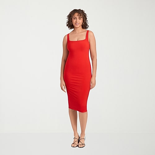 S3 Swim Shapewear Womens Midi Square Neck Sleeveless Bodycon Dress In Red