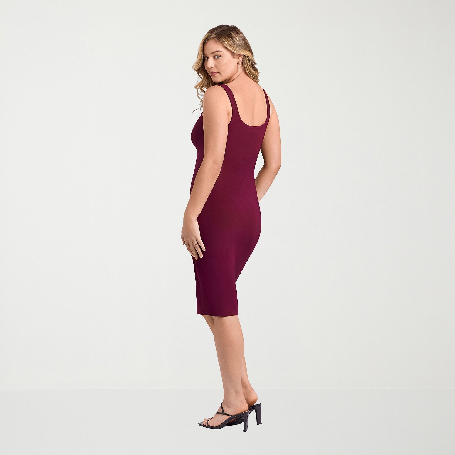 S3 Apparel Shapewear Womens Midi Square Neck Sleeveless Bodycon Dress