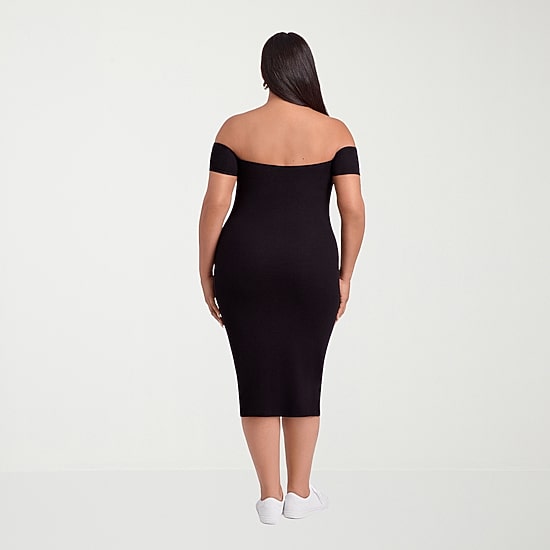 S3 Apparel Shapewear Womens Midi Short Sleeve Off the Shoulder Rib Knit Bodycon Dress