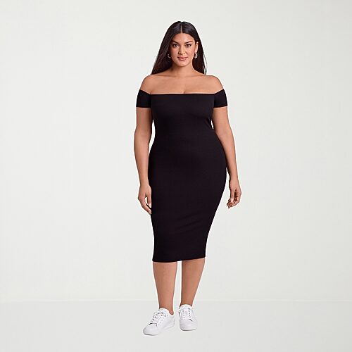 S3 Swim Shapewear Womens Midi Short Sleeve Off The Shoulder Rib Knit Bodycon Dress In Black
