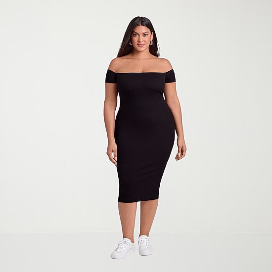 S3 Apparel Shapewear Womens Midi Short Sleeve Off the Shoulder Rib Knit Bodycon Dress