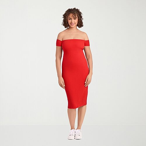 S3 Swim Shapewear Womens Midi Short Sleeve Off The Shoulder Rib Knit Bodycon Dress In Red