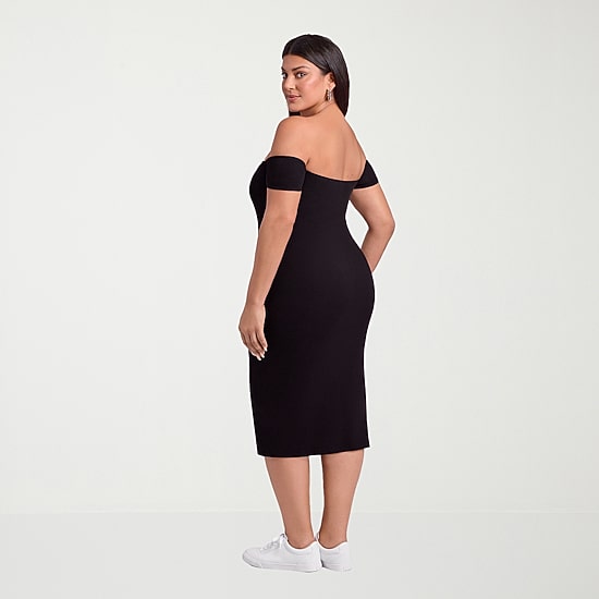 S3 Apparel Shapewear Womens Midi Short Sleeve Off the Shoulder Rib Knit Bodycon Dress