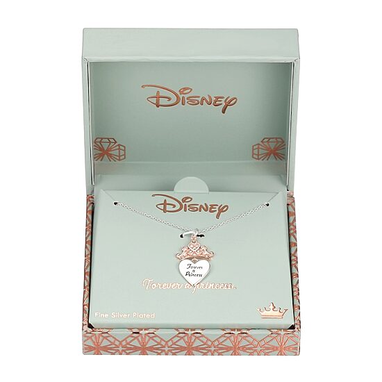 Disney Classics Womens Crystal Pure Silver Over Brass Crown Heart 18 Inch Pendant Necklace
