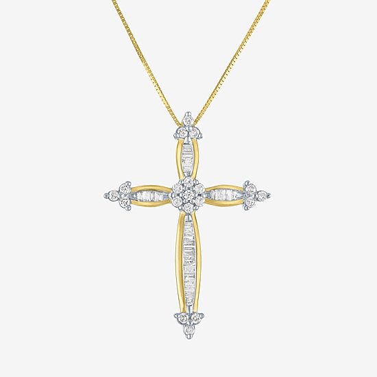 Diamond Blossom Womens 1/3 CT. T.W. Natural White Diamond 10K Gold Cross 18 Inch Pendant Necklace