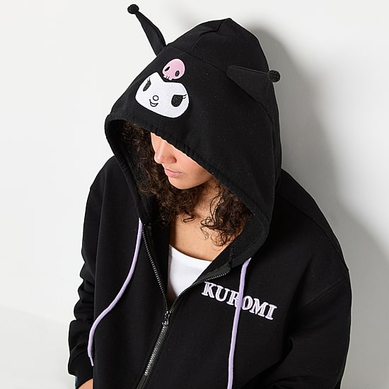 Womens Juniors Long Sleeve Kuromi Fleece Zipper Hoodie