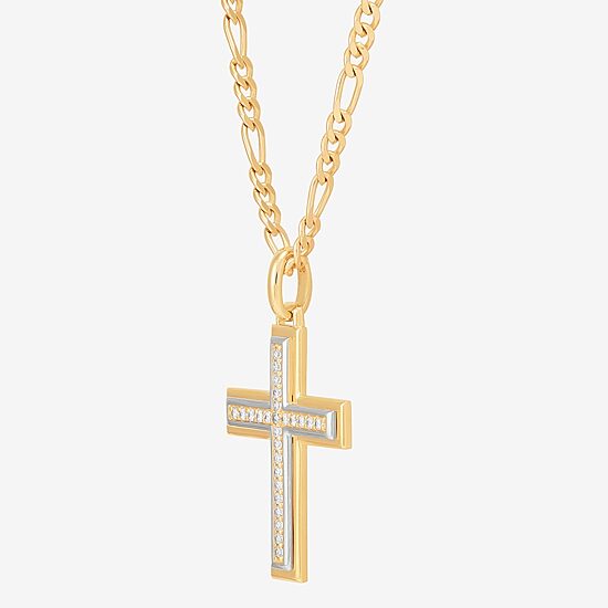 Mens White Cubic Zirconia 14K Gold Over Silver Cross 24 Inch Pendant Necklace
