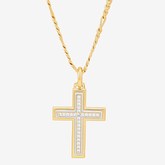 Mens White Cubic Zirconia 14K Gold Over Silver Cross 24 Inch Pendant Necklace