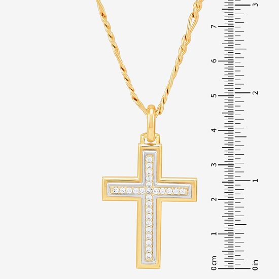 Mens White Cubic Zirconia 14K Gold Over Silver Cross 24 Inch Pendant Necklace