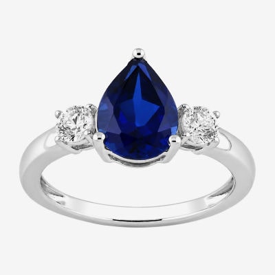 Womens Lab Created Blue Sapphire Sterling Silver Pear 3-Stone Cocktail Ring