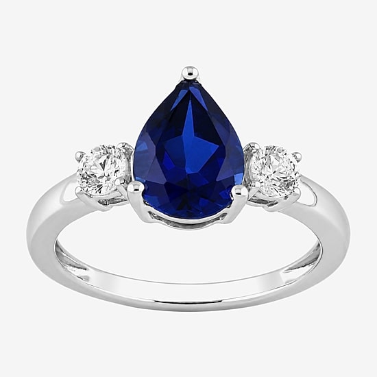 Womens Lab Created Blue Sapphire Sterling Silver Pear 3-Stone Cocktail Ring